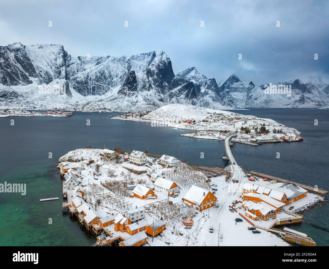 Aerial view of traditional wooden Rorbu fishermen`s huts in village of Sakrisoy on Moskenesoya Island in Lofoten Islands in Norway Stock Photo